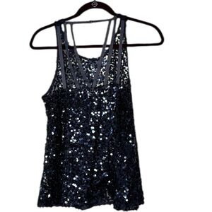 Intimately Free People blue semi sheer sparkle sequin trapeze tank top blouse
